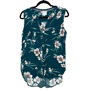 Knox Rose Womens M Sleeveless Tunic Top Green Floral Button Front V-Neck